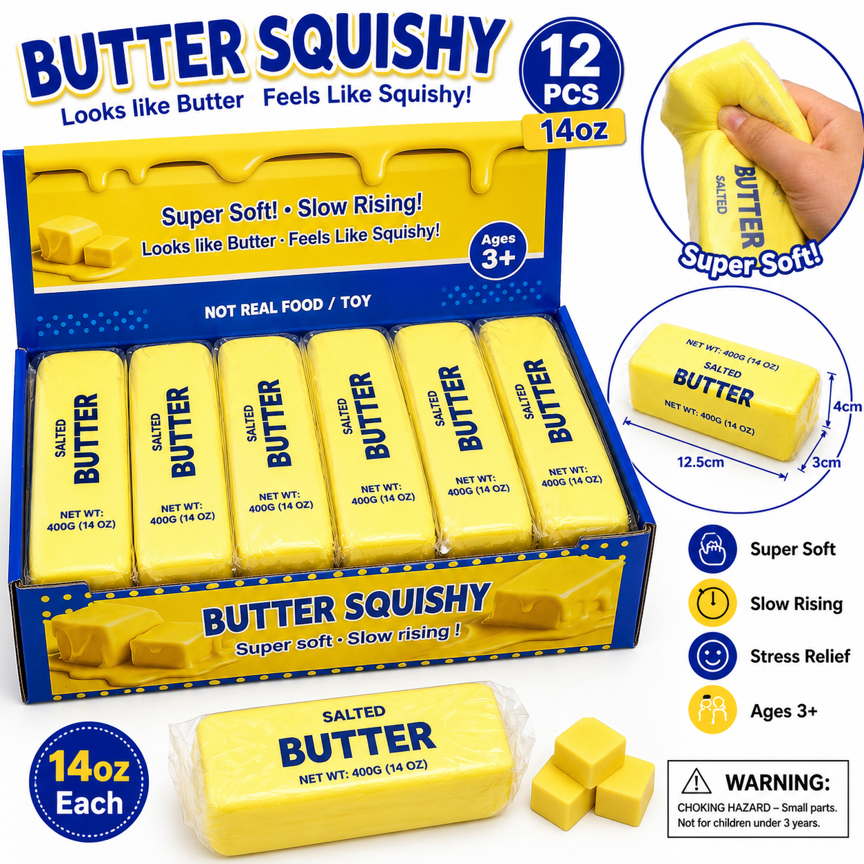 Butter Squishy Toy 14oz Each – 12PCS Box | Super Soft Slow Rising Fidget Stress Relief Toy (Ages 3+)