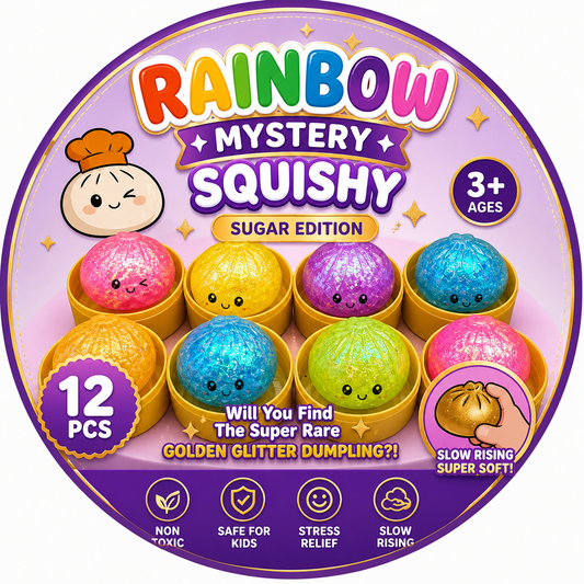 Rainbow Mystery Squishy Dumpling Toy – Glitter Bun Fidget 5.5 CM | Slow Rising Stress Relief | 12 PCS Display Box | Kids 3+