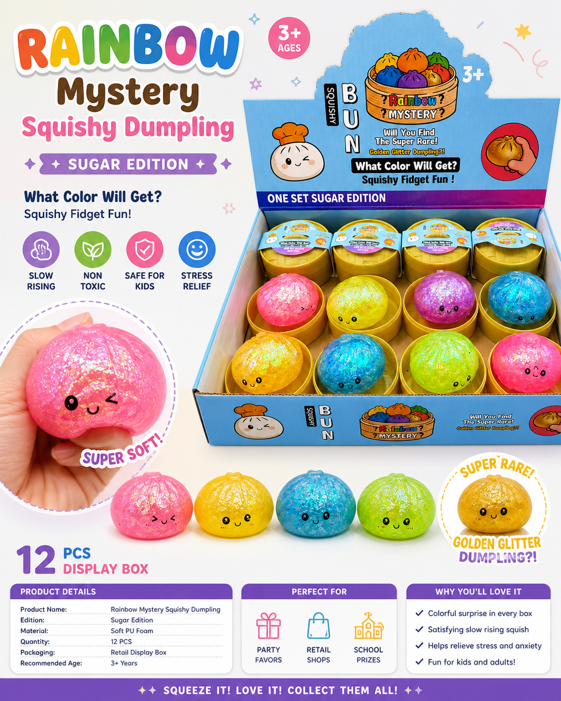 Rainbow Mystery Squishy Dumpling Toy – Glitter Bun Fidget 5.5 CM | Slow Rising Stress Relief | 12 PCS Display Box | Kids 3+