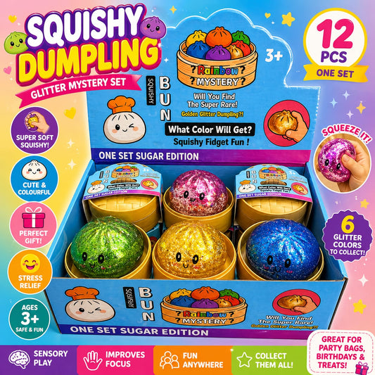 Squishy Dumpling Glitter Mystery Set – 12PCS Slow Rising Fidget Toys | Rainbow Steam Bun Stress Relief